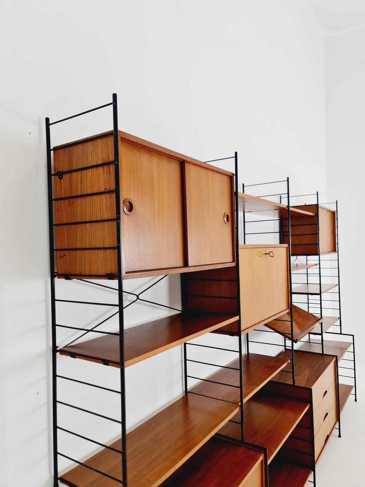 Mid century String shelf-system, bookcase with 3 cabinet and show case walnut wood by WHB Germany, 1950s