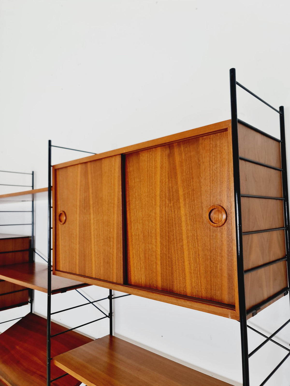 Mid century String shelf-system, bookcase with 3 cabinet and show case walnut wood by WHB Germany, 1950s