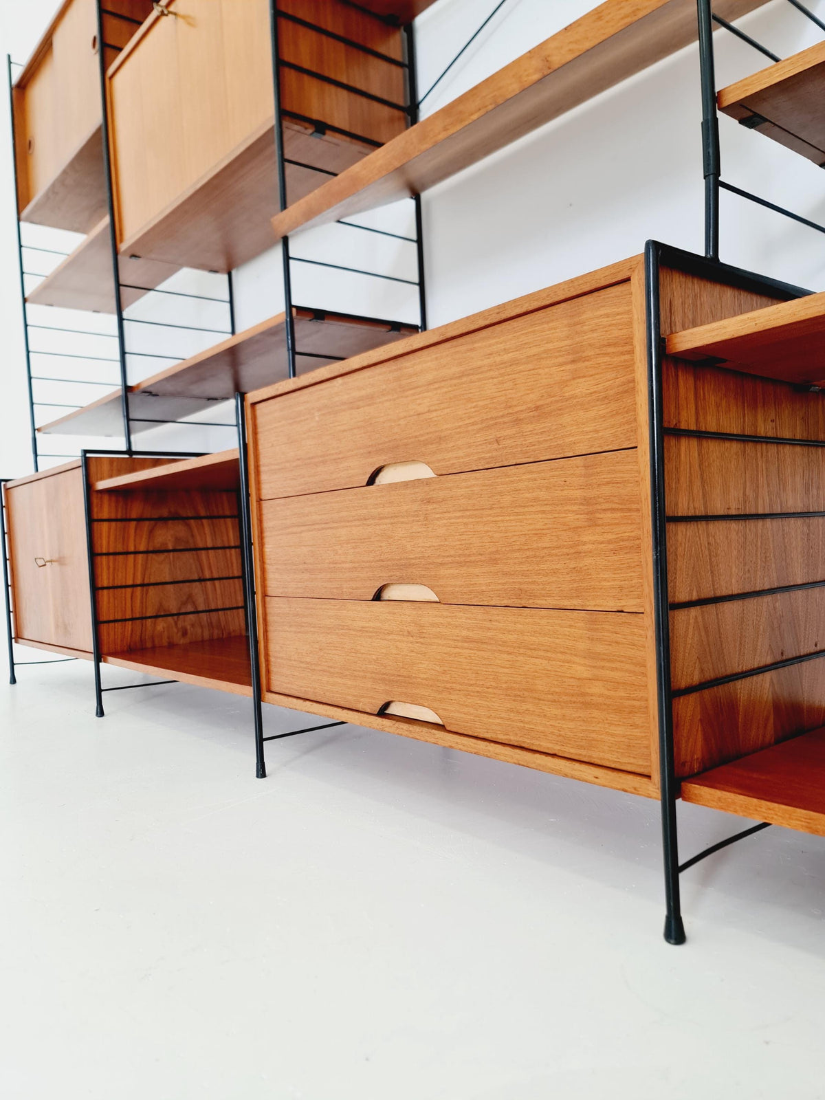 Mid century String shelf-system, bookcase with 3 cabinet and show case walnut wood by WHB Germany, 1950s