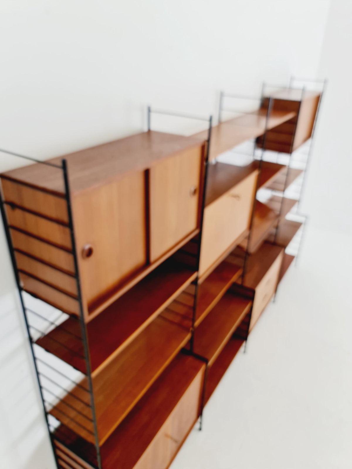 Mid century String shelf-system, bookcase with 3 cabinet and show case walnut wood by WHB Germany, 1950s