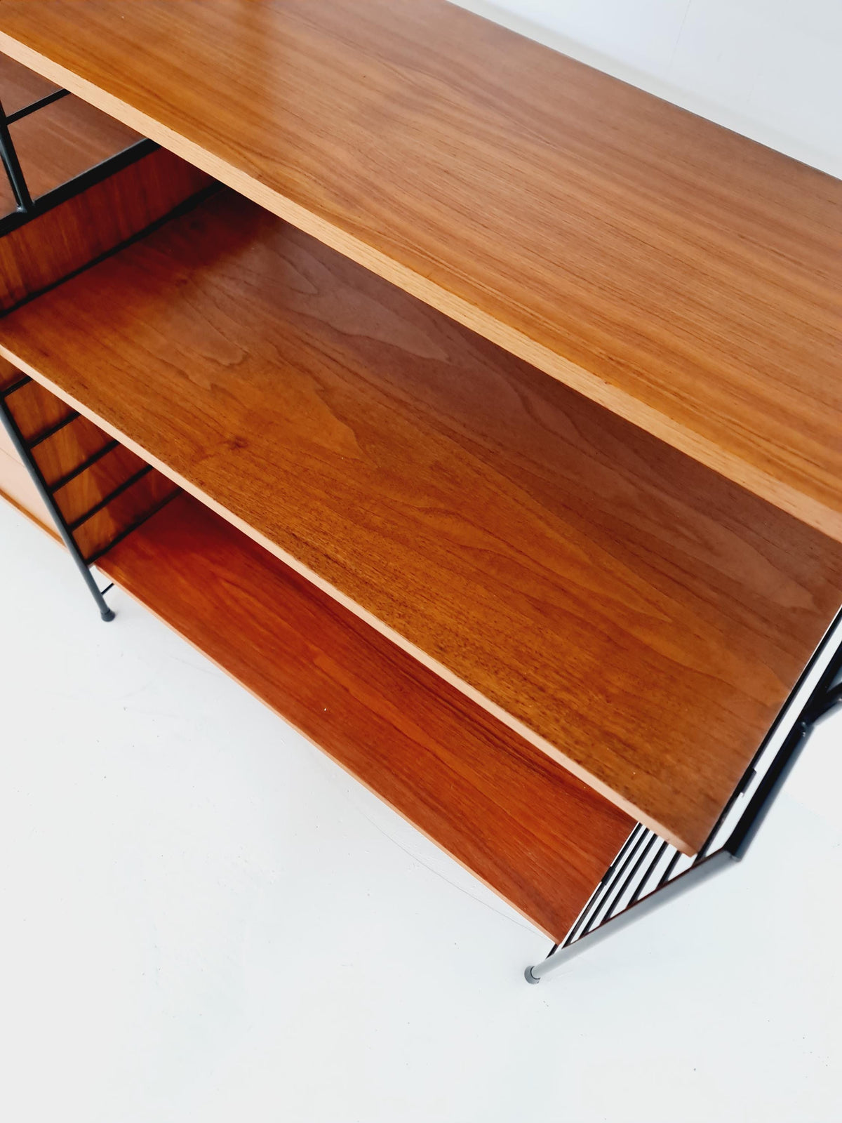 Mid century String shelf-system, bookcase with 3 cabinet and show case walnut wood by WHB Germany, 1950s
