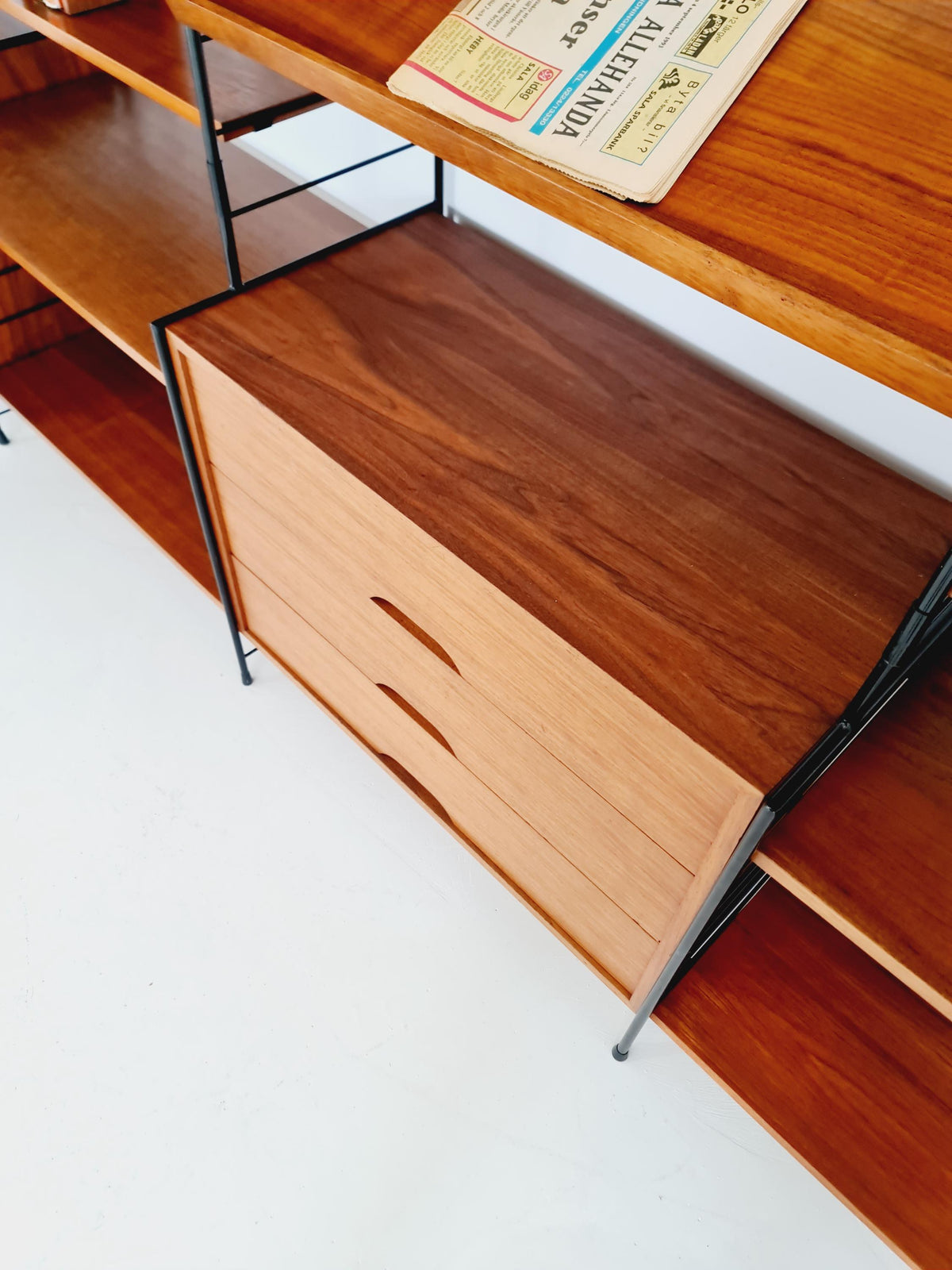 Mid century String shelf-system, bookcase with 3 cabinet and show case walnut wood by WHB Germany, 1950s