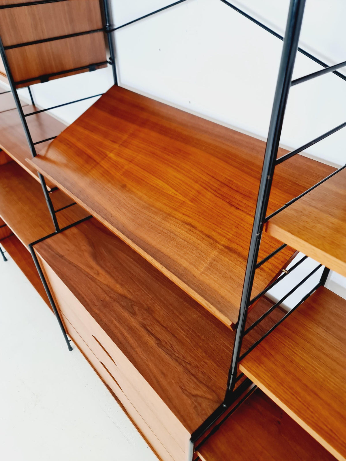 Mid century String shelf-system, bookcase with 3 cabinet and show case walnut wood by WHB Germany, 1950s