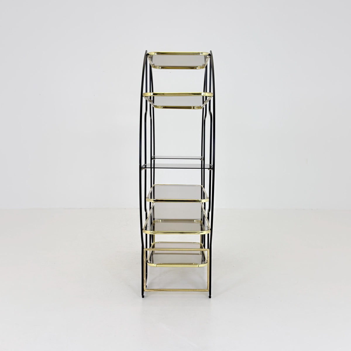 Mid centuryLarge Round Room Divider Shelf by Romeo Rega Style, Italian Hollywood Regency, Brass & Smoked Glass, 1970s