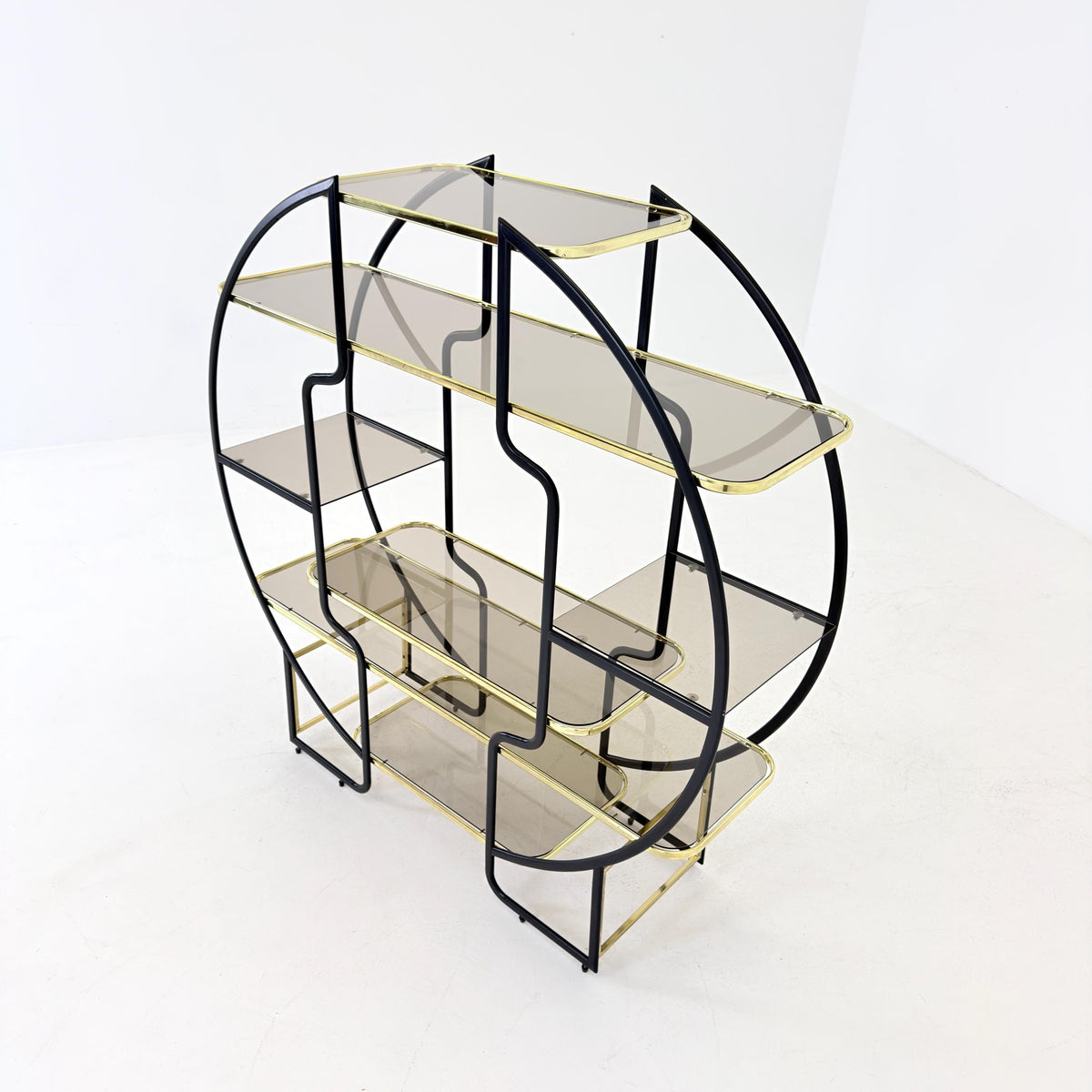 Mid centuryLarge Round Room Divider Shelf by Romeo Rega Style, Italian Hollywood Regency, Brass & Smoked Glass, 1970s