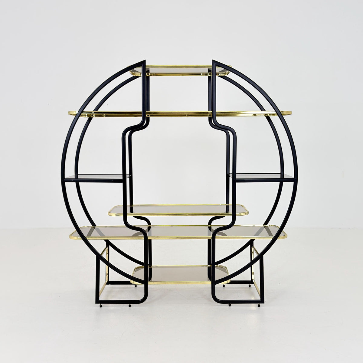 Mid centuryLarge Round Room Divider Shelf by Romeo Rega Style, Italian Hollywood Regency, Brass & Smoked Glass, 1970s
