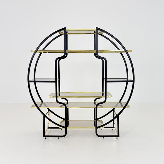 Mid centuryLarge Round Room Divider Shelf by Romeo Rega Style, Italian Hollywood Regency, Brass & Smoked Glass, 1970s