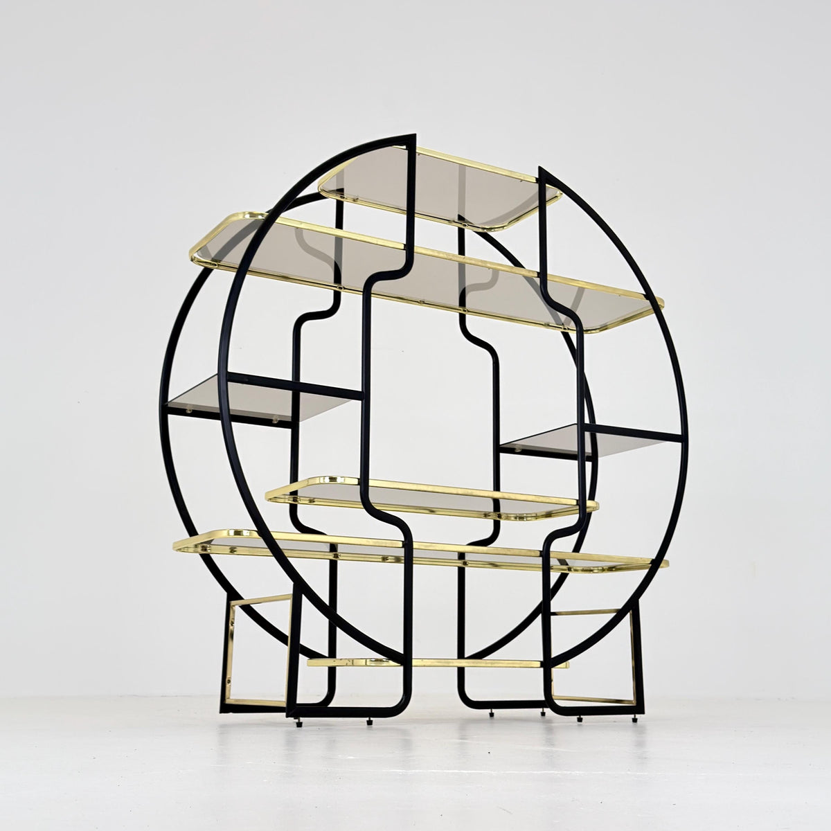 Mid centuryLarge Round Room Divider Shelf by Romeo Rega Style, Italian Hollywood Regency, Brass & Smoked Glass, 1970s