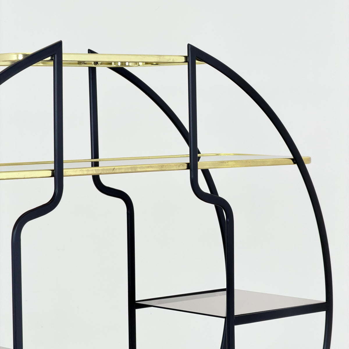 Mid centuryLarge Round Room Divider Shelf by Romeo Rega Style, Italian Hollywood Regency, Brass & Smoked Glass, 1970s