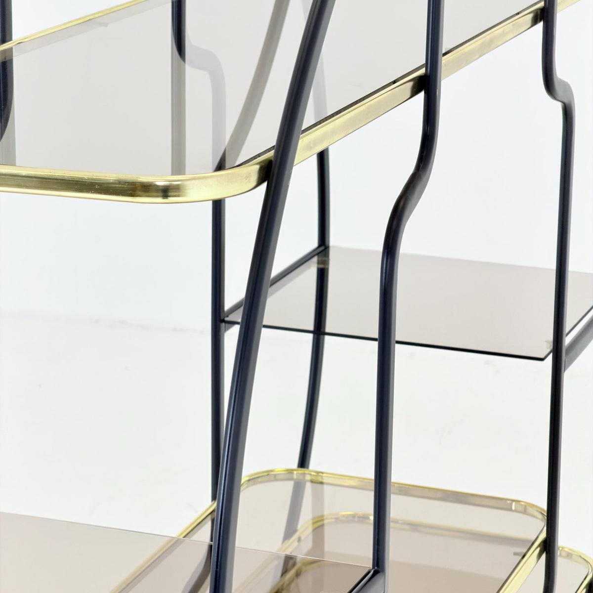 Mid centuryLarge Round Room Divider Shelf by Romeo Rega Style, Italian Hollywood Regency, Brass & Smoked Glass, 1970s