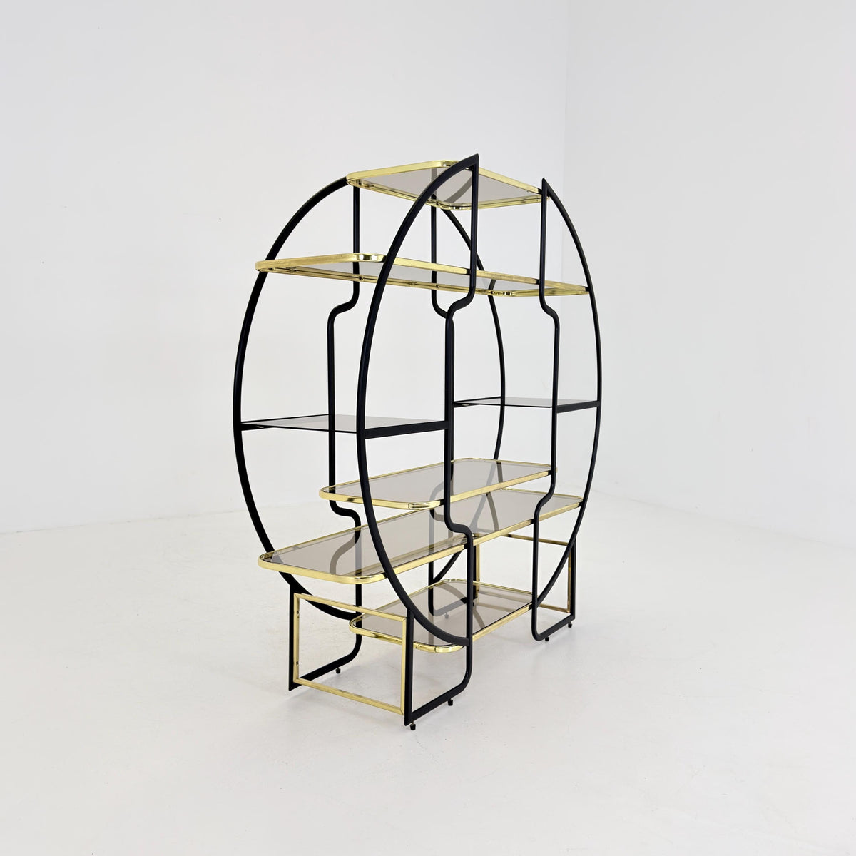 Mid centuryLarge Round Room Divider Shelf by Romeo Rega Style, Italian Hollywood Regency, Brass & Smoked Glass, 1970s