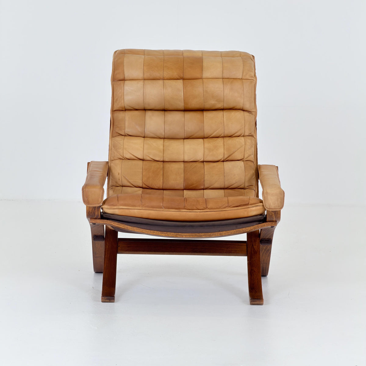 Rare Scandinavian Mid Century Lounge Chair by Ingmar Relling for Westnofa, Cognac Leather Flex Siesta Chair, Denmark, . 1960s