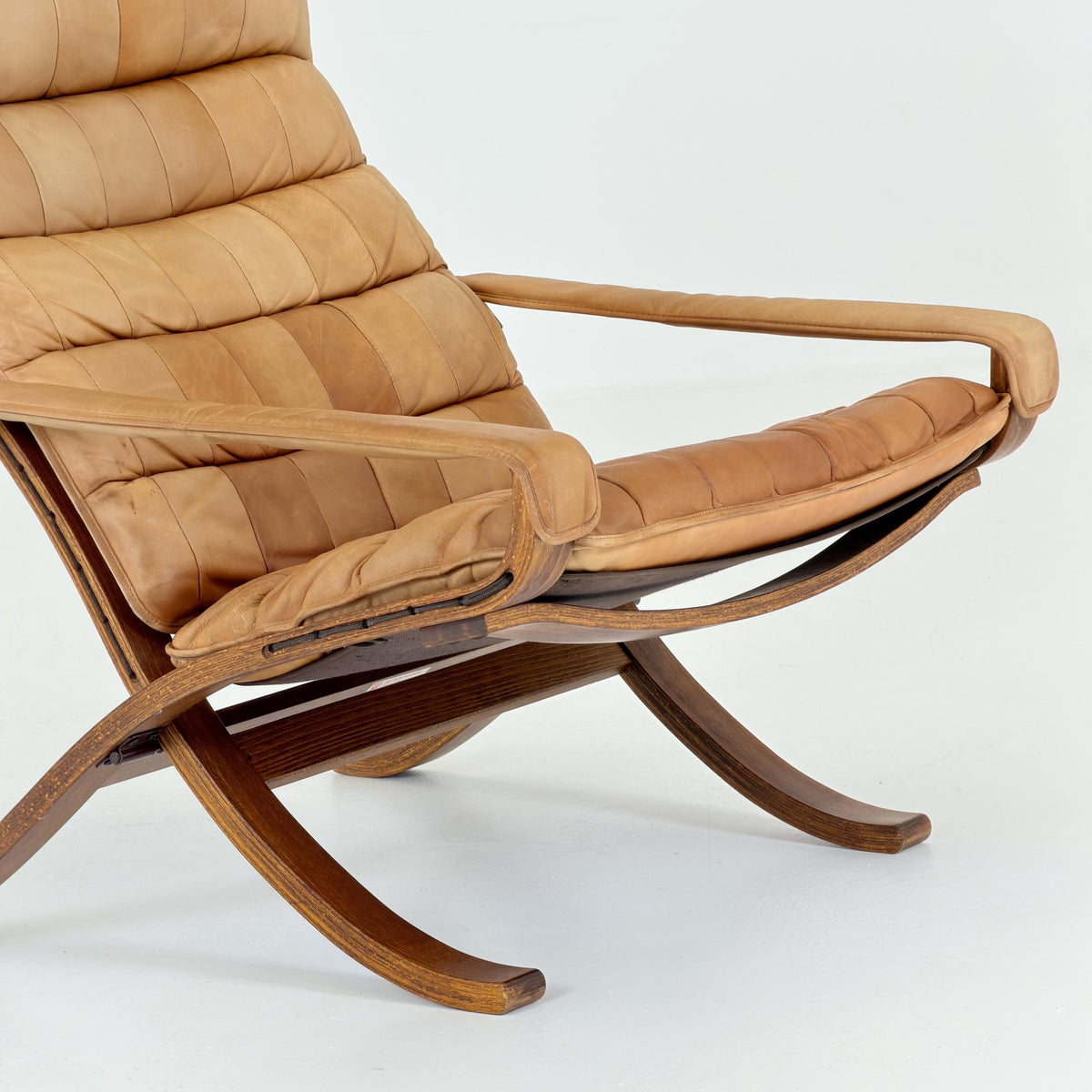 Rare Scandinavian Mid Century Lounge Chair by Ingmar Relling for Westnofa, Cognac Leather Flex Siesta Chair, Denmark, . 1960s