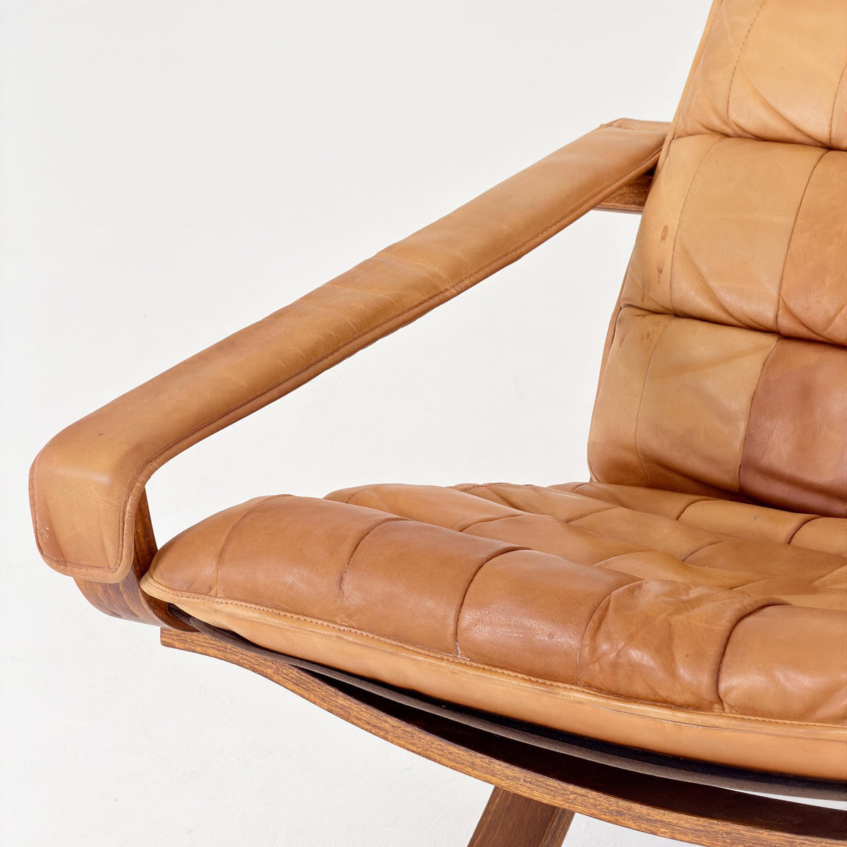 Rare Scandinavian Mid Century Lounge Chair by Ingmar Relling for Westnofa, Cognac Leather Flex Siesta Chair, Denmark, . 1960s