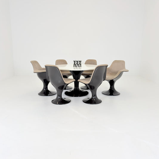 Rare Orbit Dining Set by Farner & Grunder for Herman Miller, 6 Fiberglass Chairs and Round Tulip Table 1970s Germany