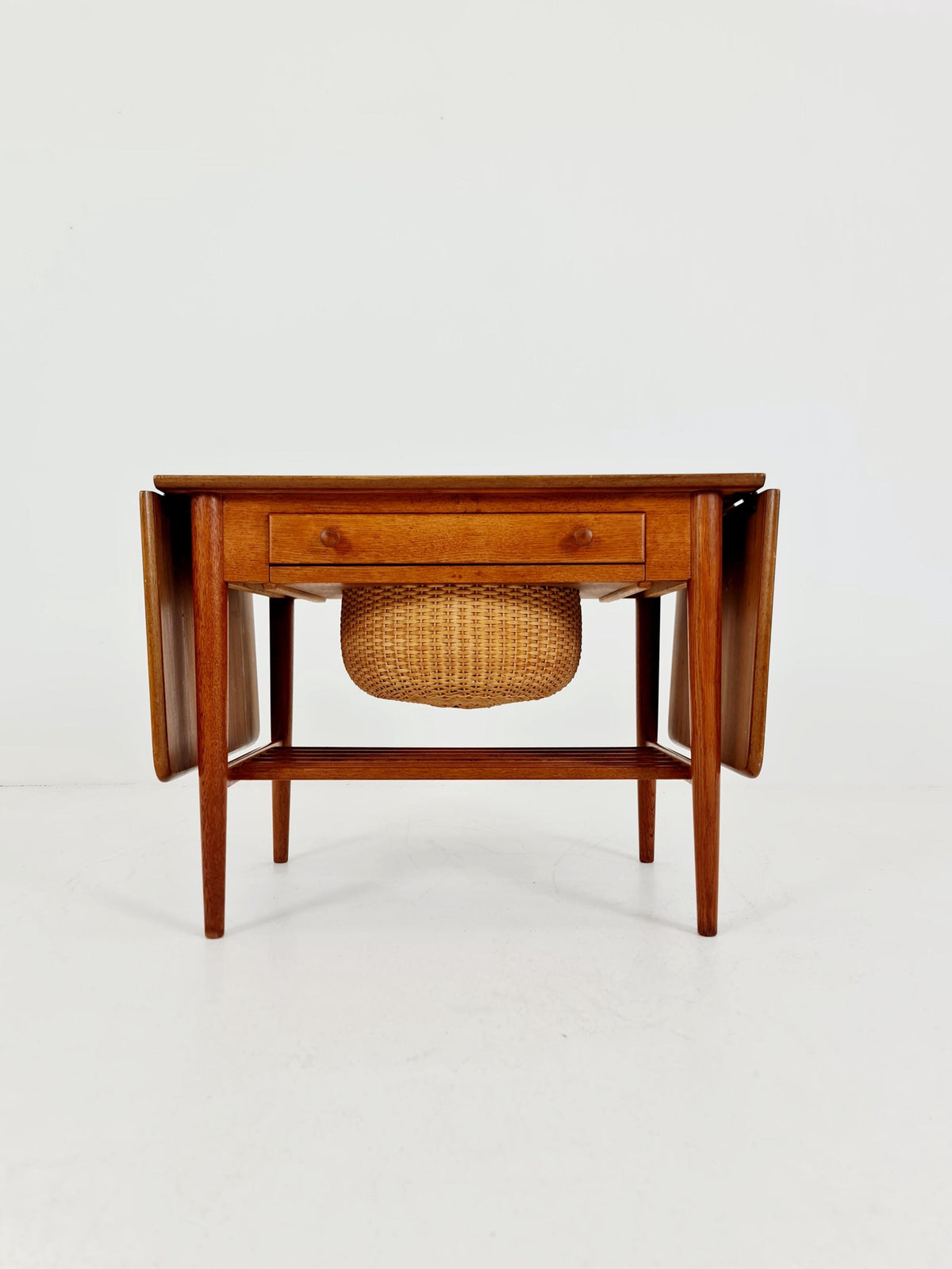 Vintage Danish teak and rattan sewing table/ side table cabinet, 1960s