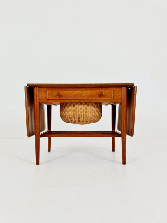 Vintage Danish teak and rattan sewing table/ side table cabinet, 1960s