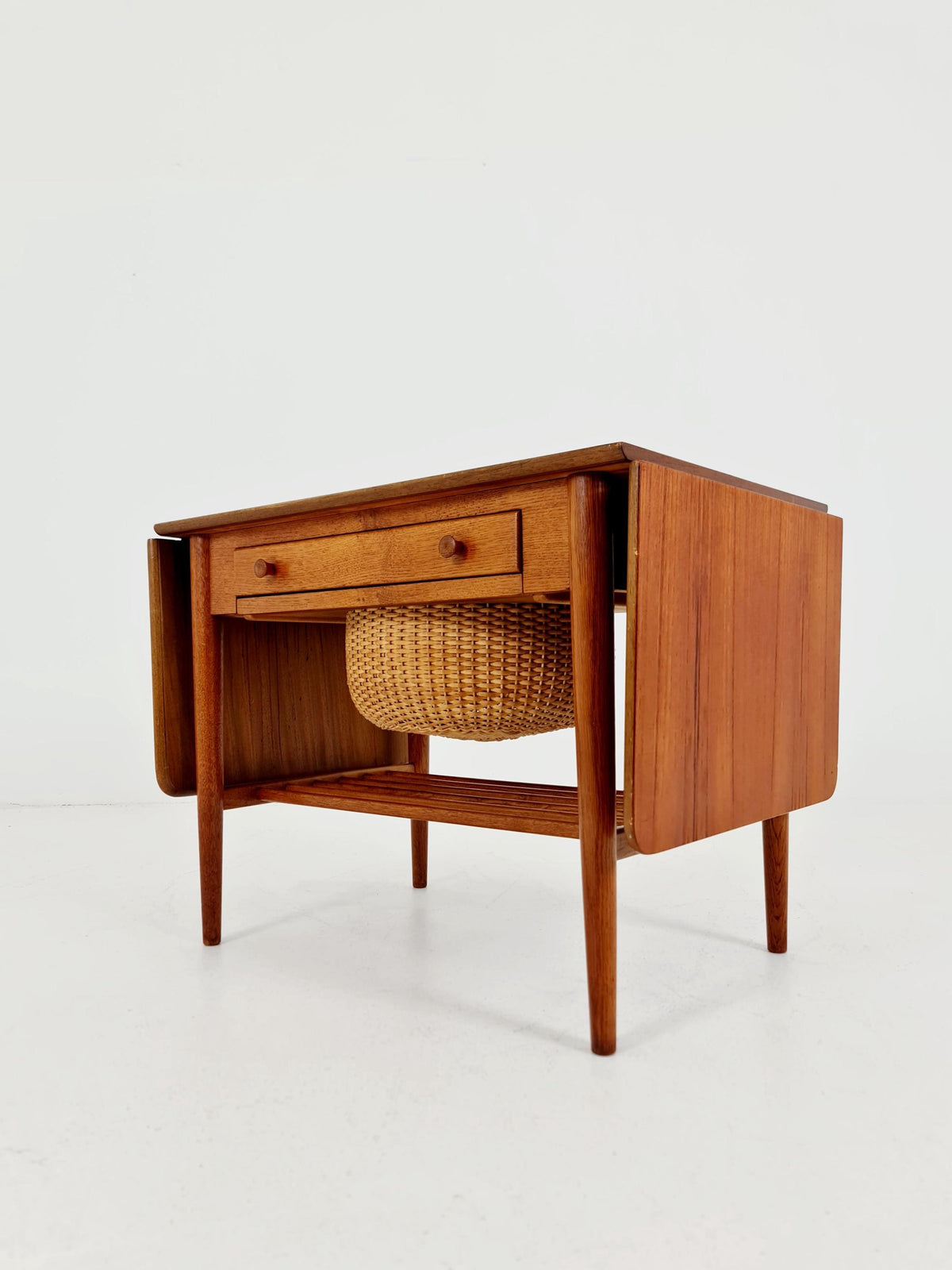 Vintage Danish teak and rattan sewing table/ side table cabinet, 1960s