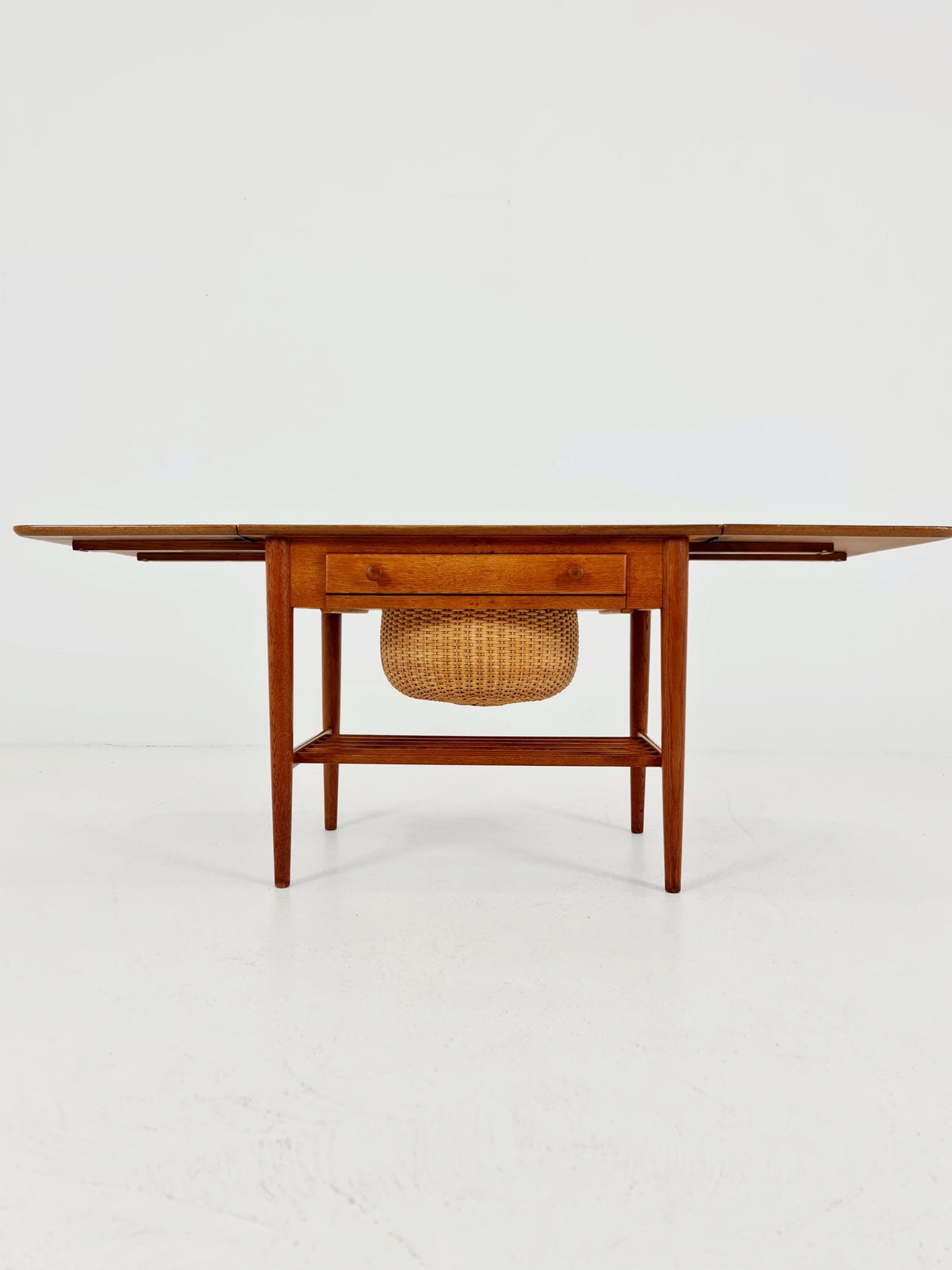 Vintage Danish teak and rattan sewing table/ side table cabinet, 1960s