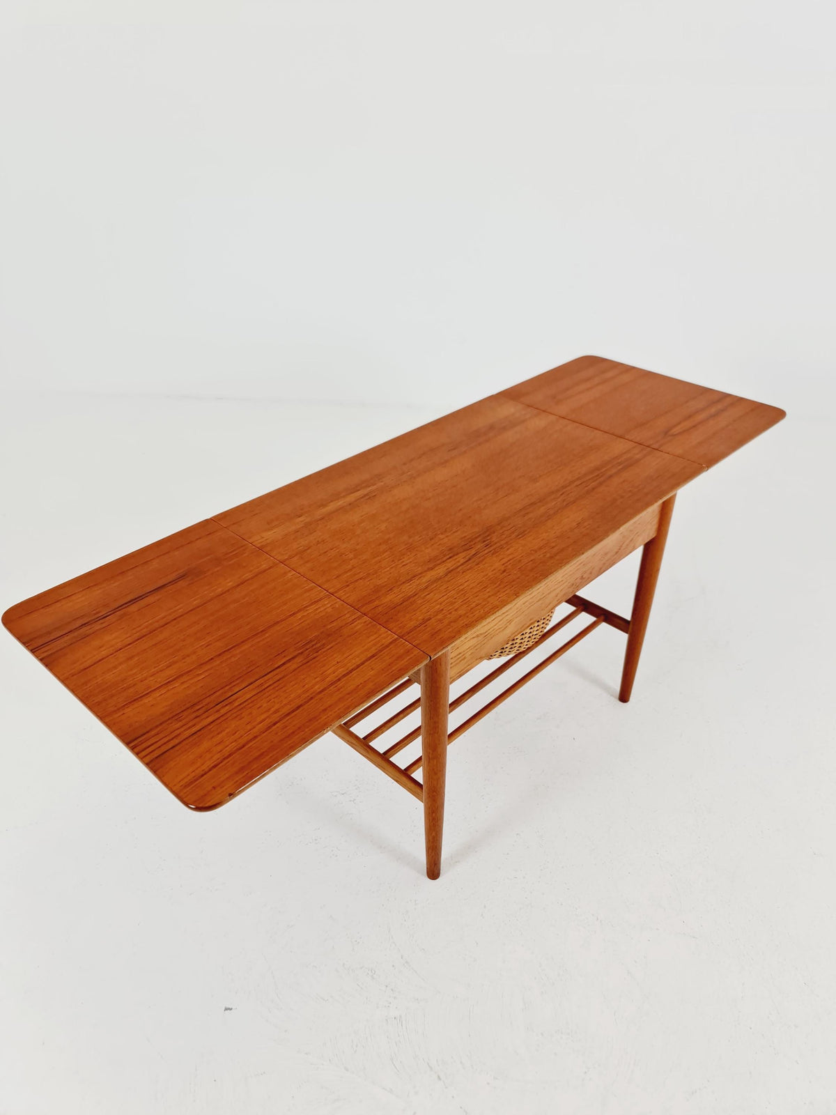 Vintage Danish teak and rattan sewing table/ side table cabinet, 1960s