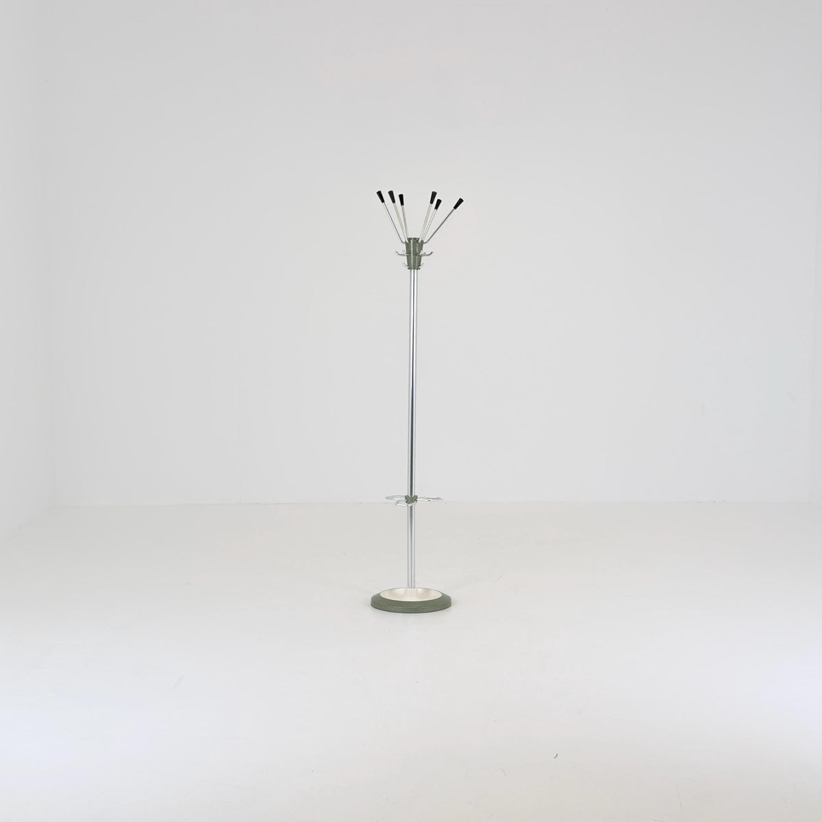 Mid Century Modern Coat Stand by Jacques Adnet, 1960s French Design, Green Metal Hall Tree with Swivel Hooks and Umbrella Holder