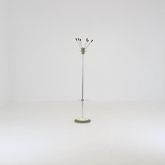 Mid Century Modern Coat Stand by Jacques Adnet, 1960s French Design, Green Metal Hall Tree with Swivel Hooks and Umbrella Holder