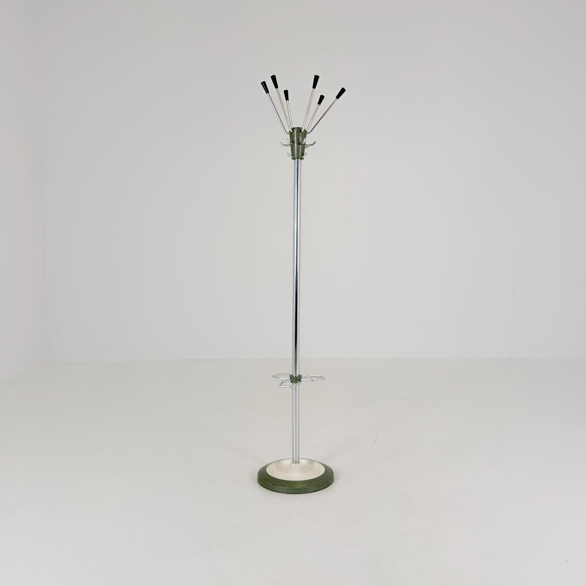 Mid Century Modern Coat Stand by Jacques Adnet, 1960s French Design, Green Metal Hall Tree with Swivel Hooks and Umbrella Holder