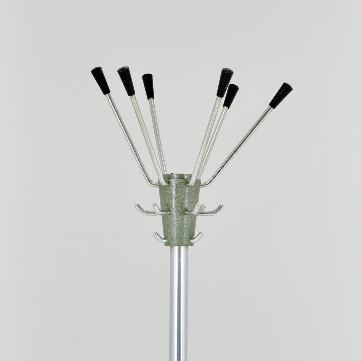 Mid Century Modern Coat Stand by Jacques Adnet, 1960s French Design, Green Metal Hall Tree with Swivel Hooks and Umbrella Holder