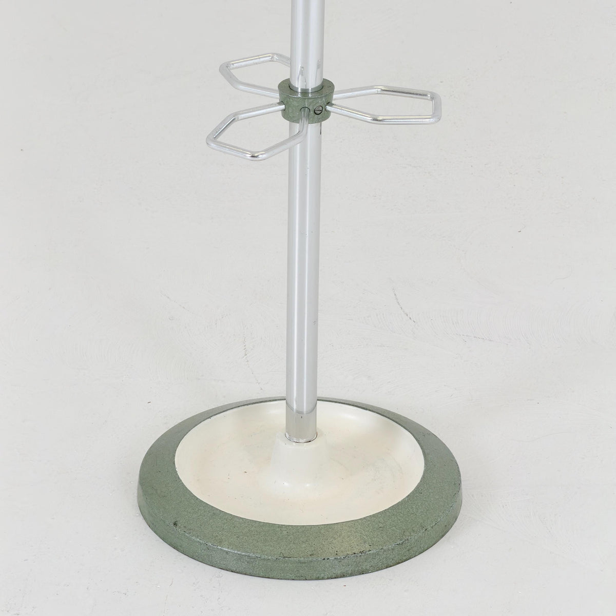 Mid Century Modern Coat Stand by Jacques Adnet, 1960s French Design, Green Metal Hall Tree with Swivel Hooks and Umbrella Holder