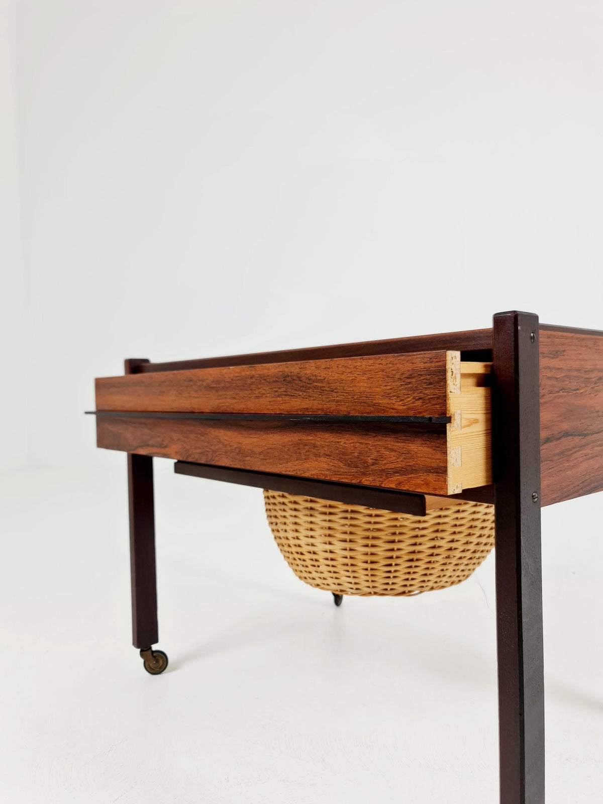 Vintage Danish Rosewood and rattan sewing table/ side table cabinet , 1960s