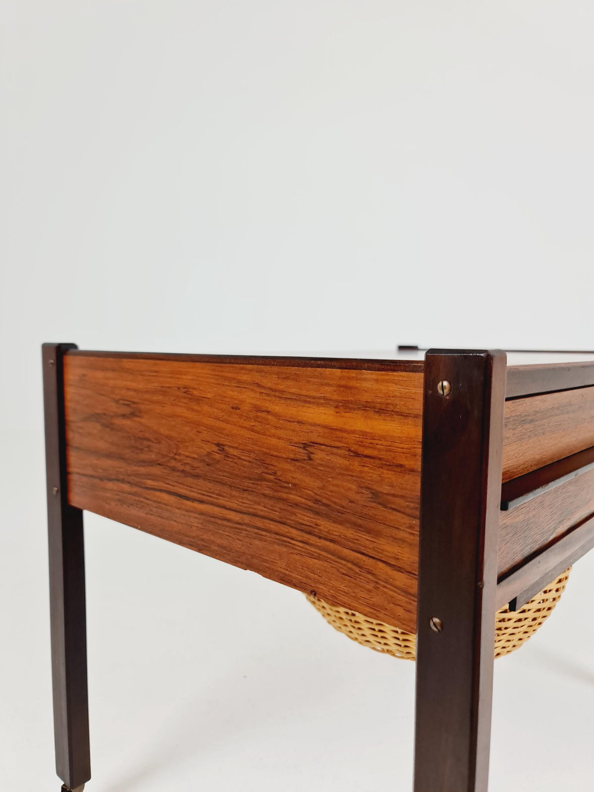 Vintage Danish Rosewood and rattan sewing table/ side table cabinet , 1960s