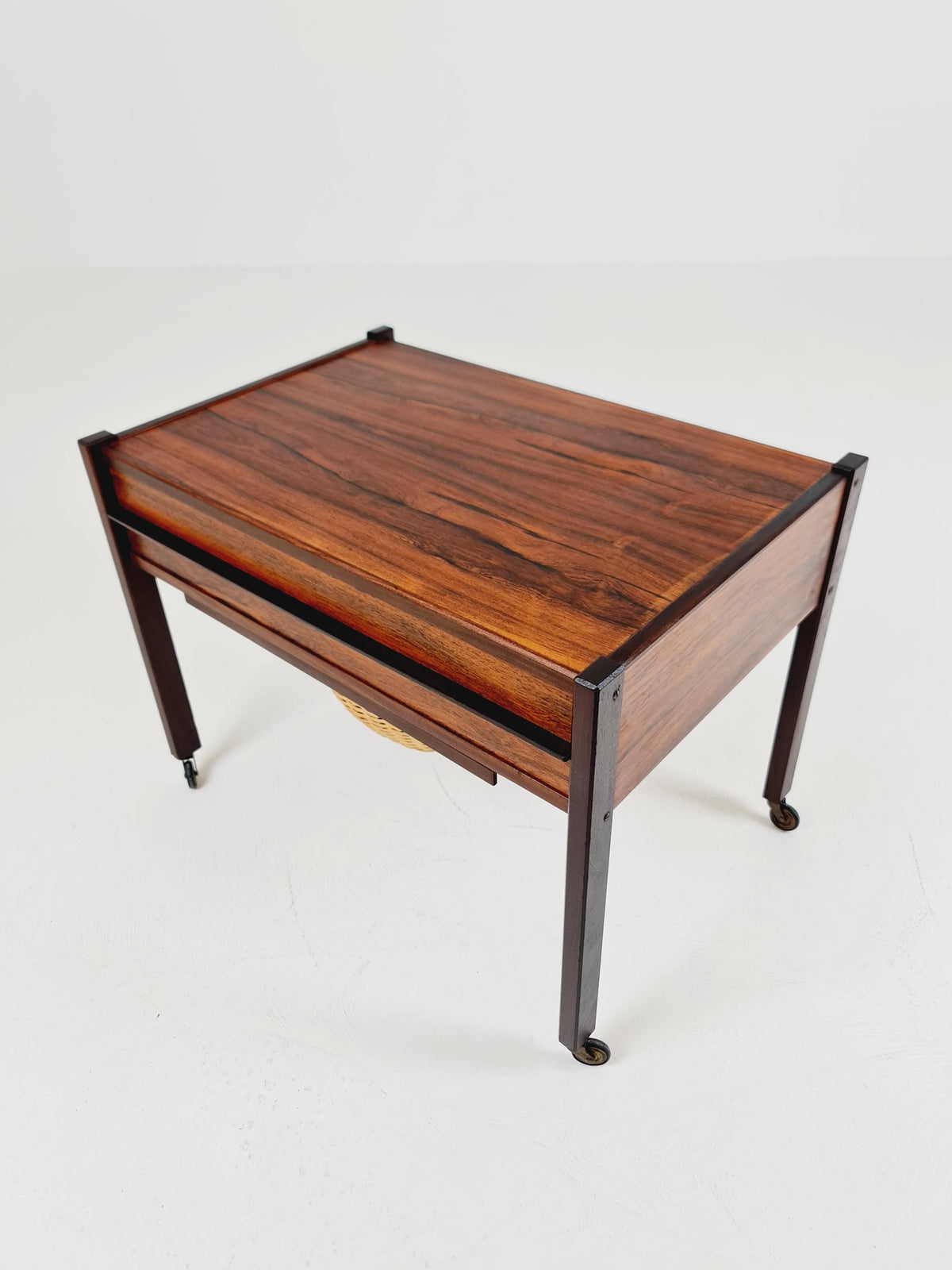 Vintage Danish Rosewood and rattan sewing table/ side table cabinet , 1960s