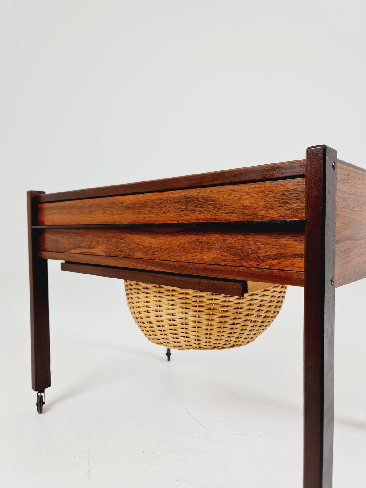 Vintage Danish Rosewood and rattan sewing table/ side table cabinet , 1960s