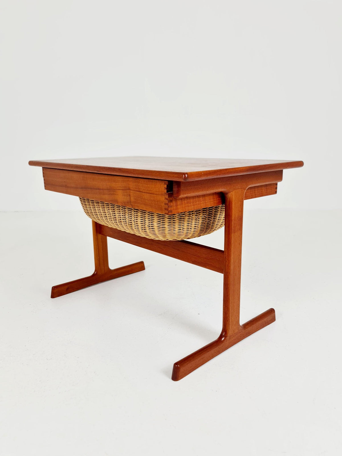 Vintage Danish teak and rattan sewing table/ side table cabinet By Kai Kristiansen for vildbjerg, 1960s