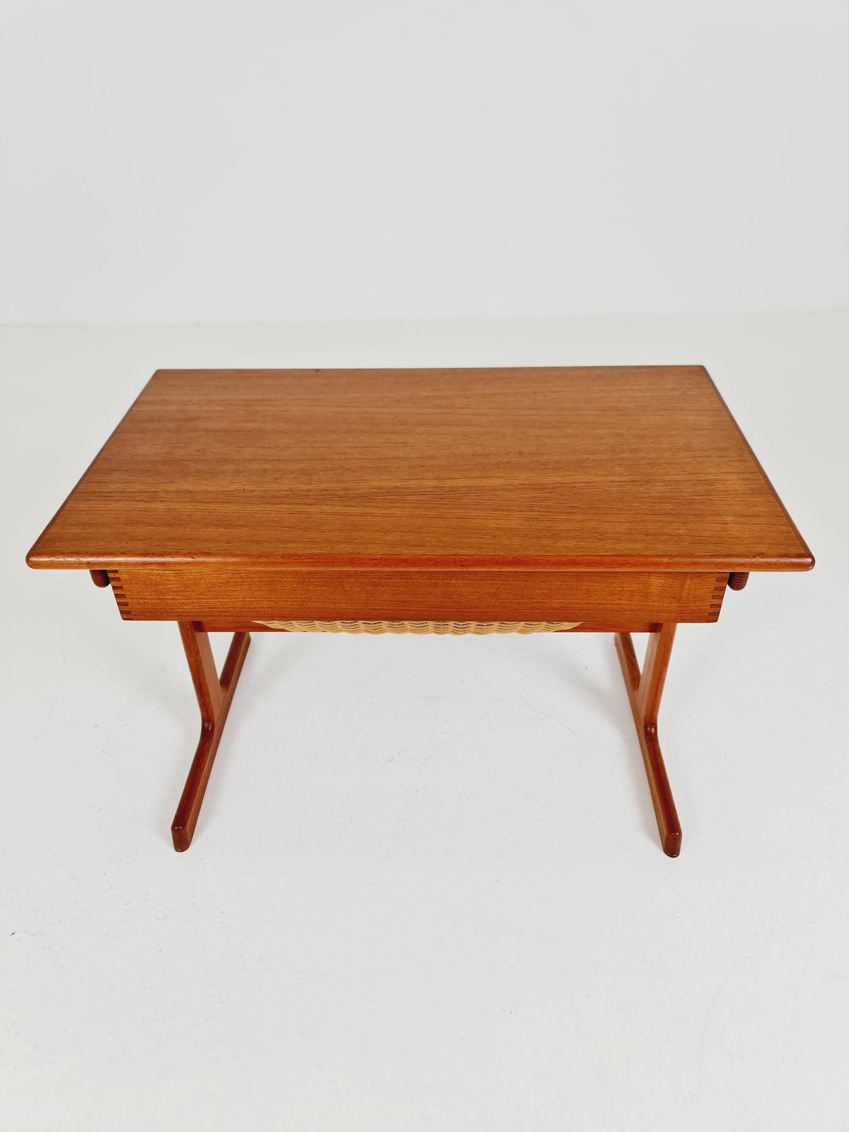 Vintage Danish teak and rattan sewing table/ side table cabinet By Kai Kristiansen for vildbjerg, 1960s