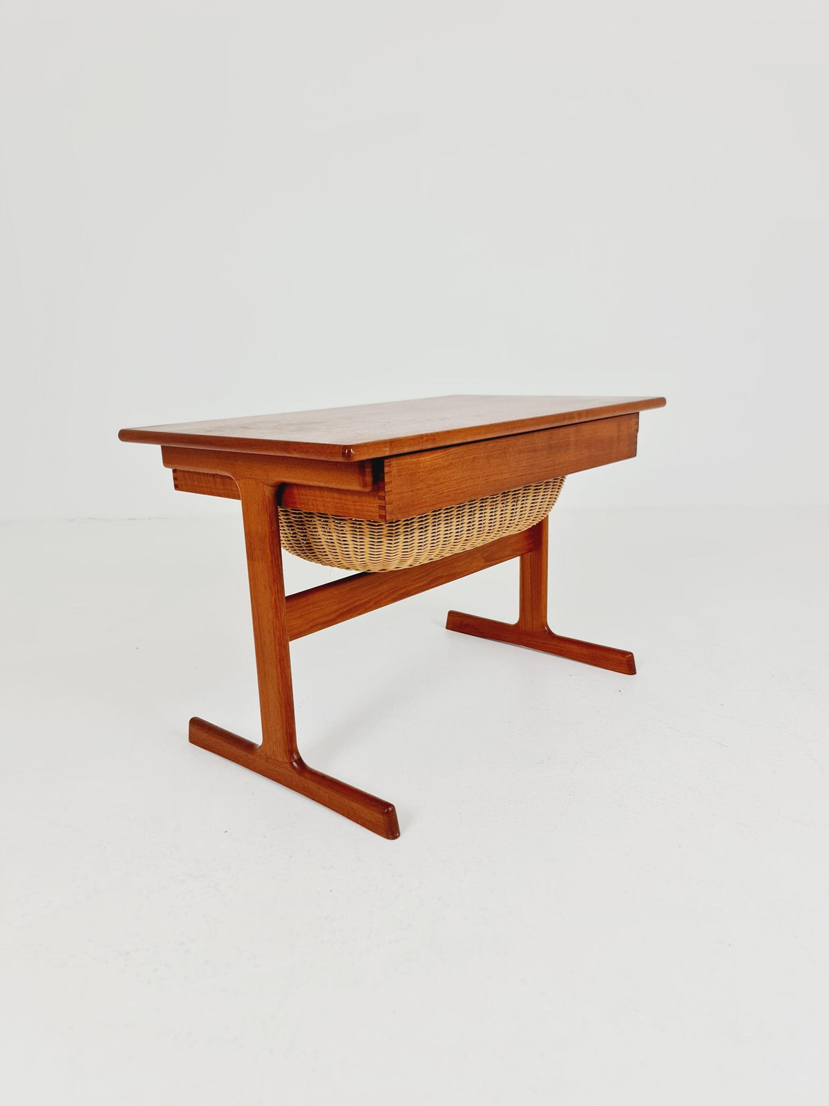 Vintage Danish teak and rattan sewing table/ side table cabinet By Kai Kristiansen for vildbjerg, 1960s