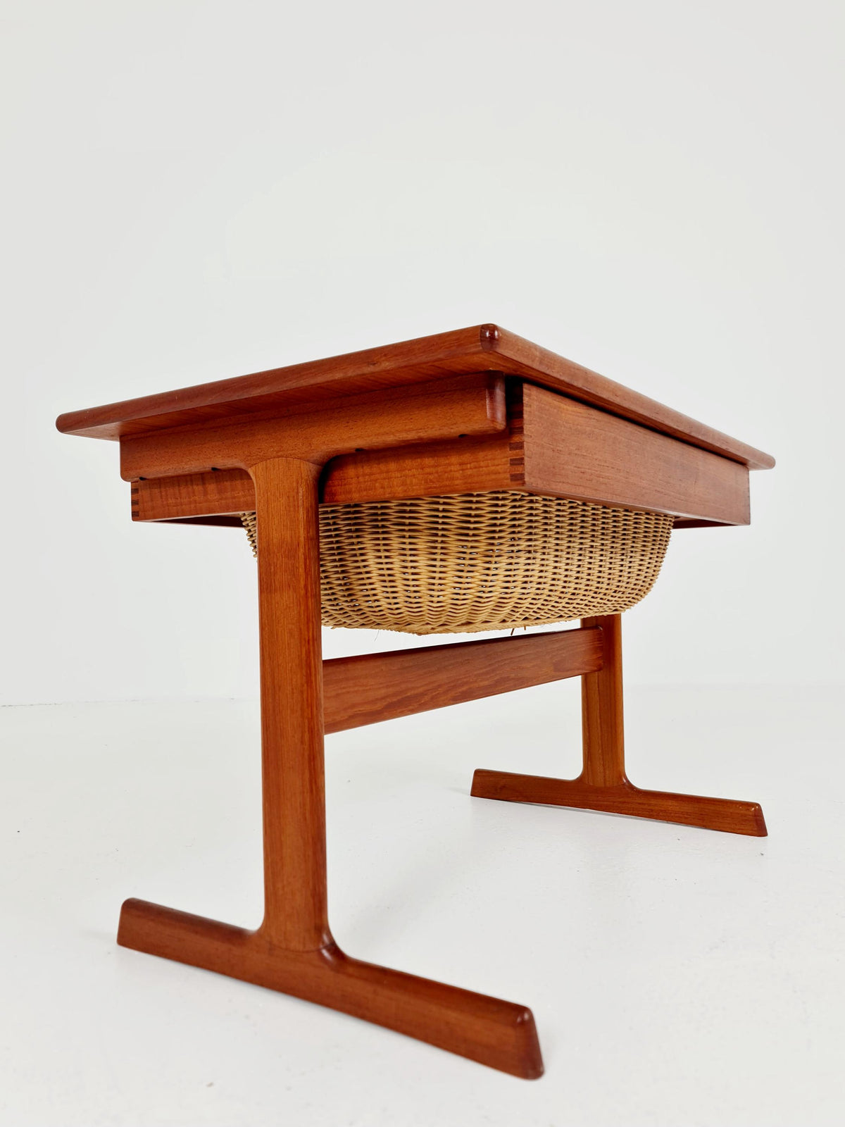 Vintage Danish teak and rattan sewing table/ side table cabinet By Kai Kristiansen for vildbjerg, 1960s
