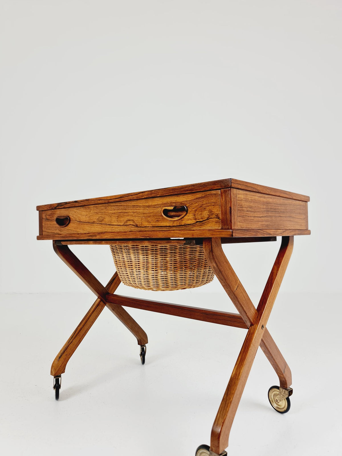 Rare Vintage Danish Rosewood and rattan sewing table/ side table cabinet , 1960s