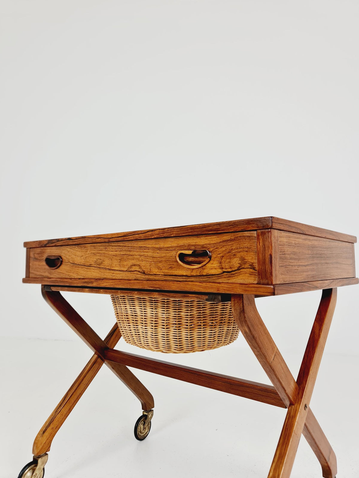 Rare Vintage Danish Rosewood and rattan sewing table/ side table cabinet , 1960s