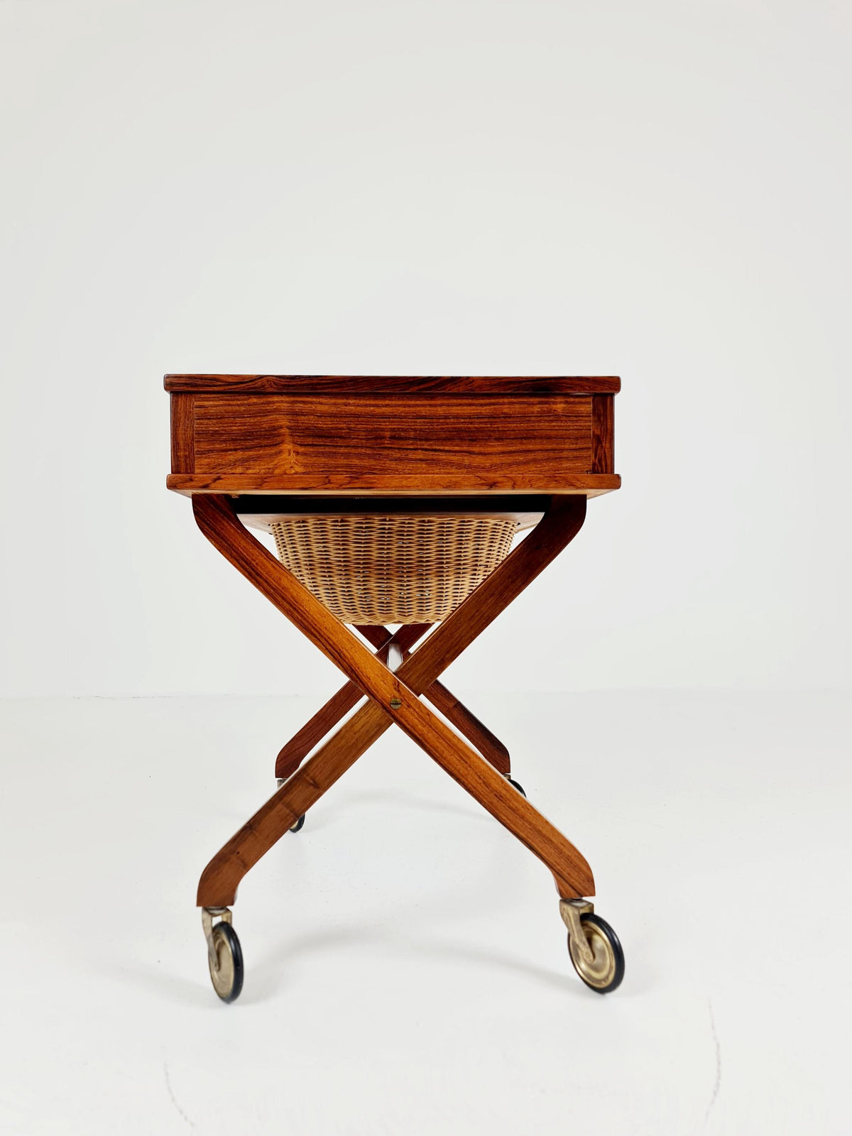 Rare Vintage Danish Rosewood and rattan sewing table/ side table cabinet , 1960s