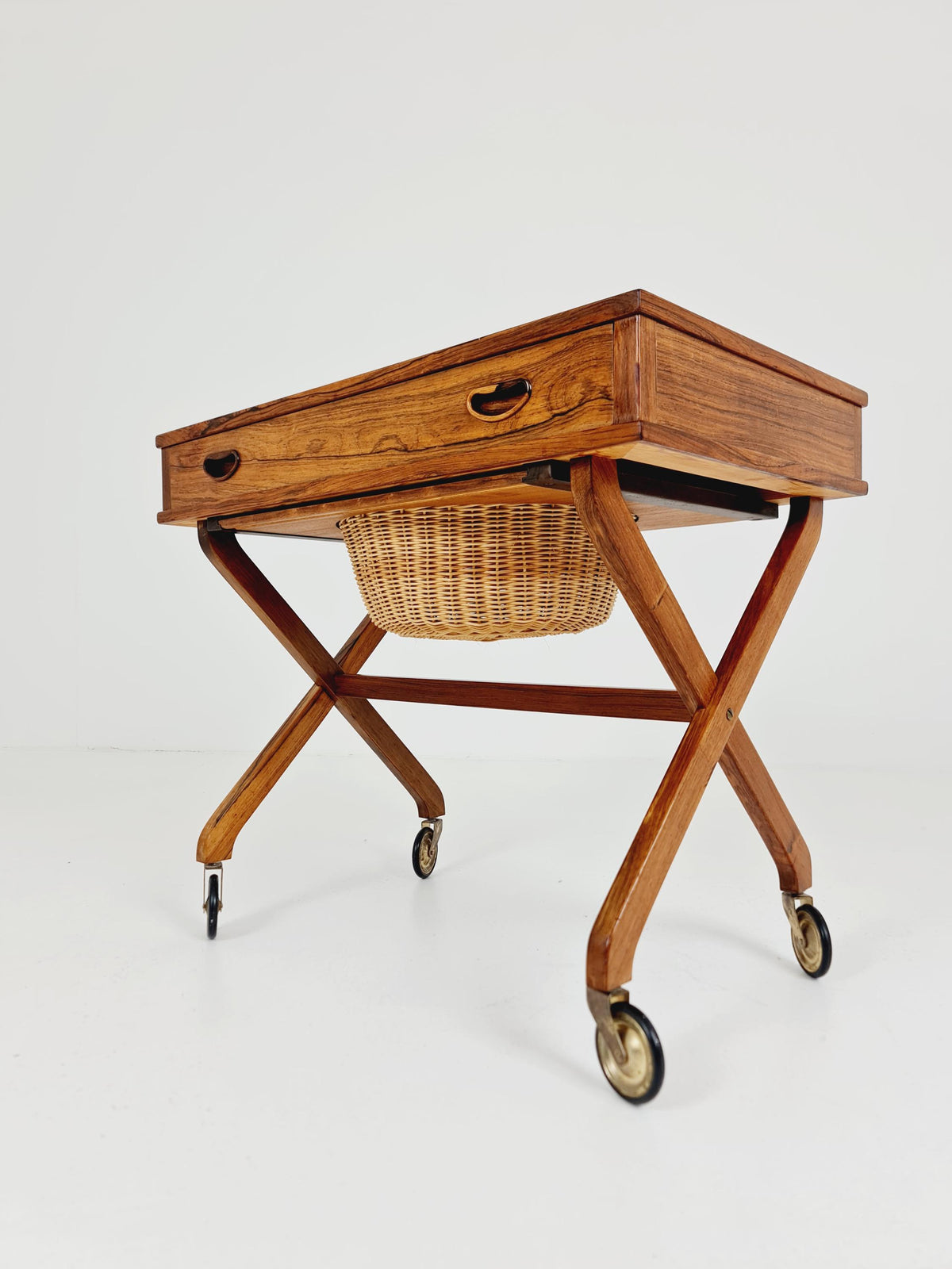 Rare Vintage Danish Rosewood and rattan sewing table/ side table cabinet , 1960s
