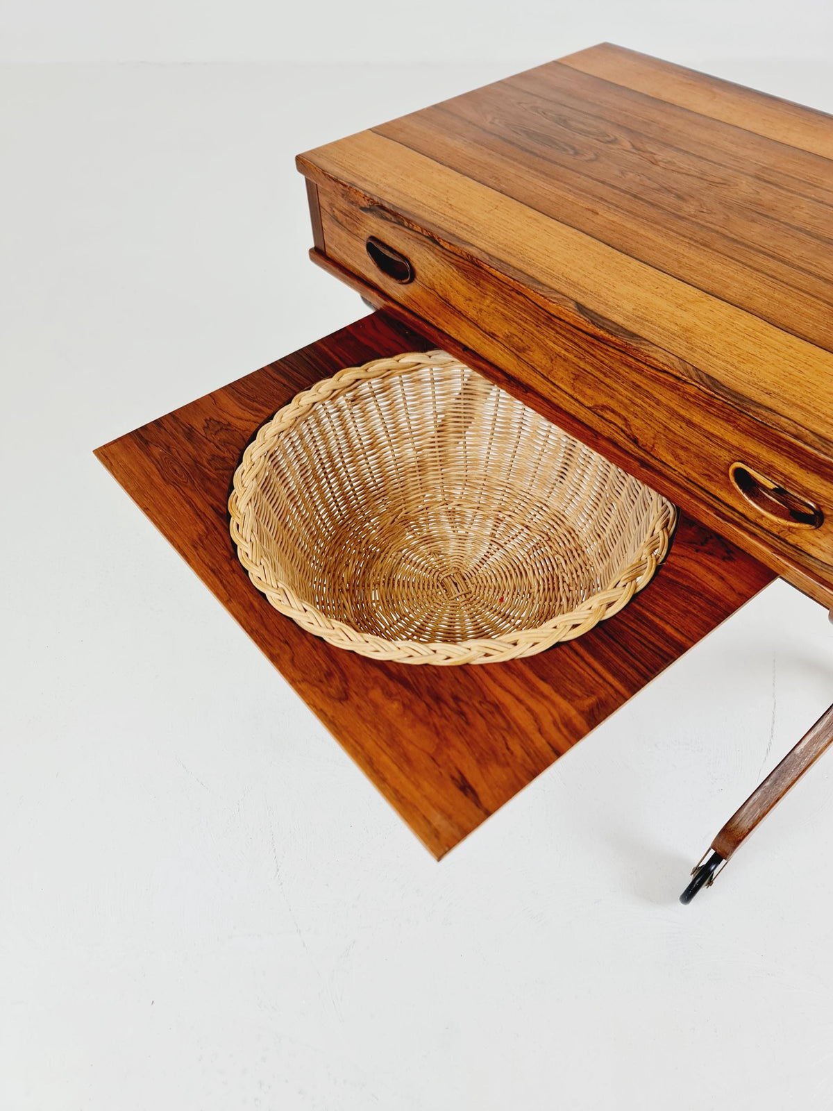 Rare Vintage Danish Rosewood and rattan sewing table/ side table cabinet , 1960s