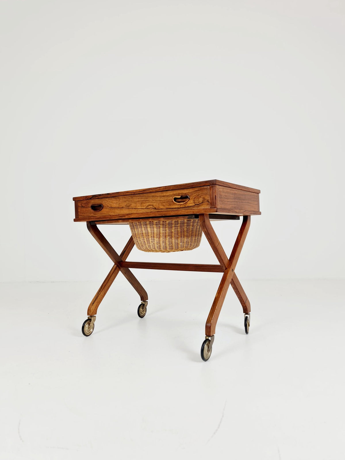 Rare Vintage Danish Rosewood and rattan sewing table/ side table cabinet , 1960s