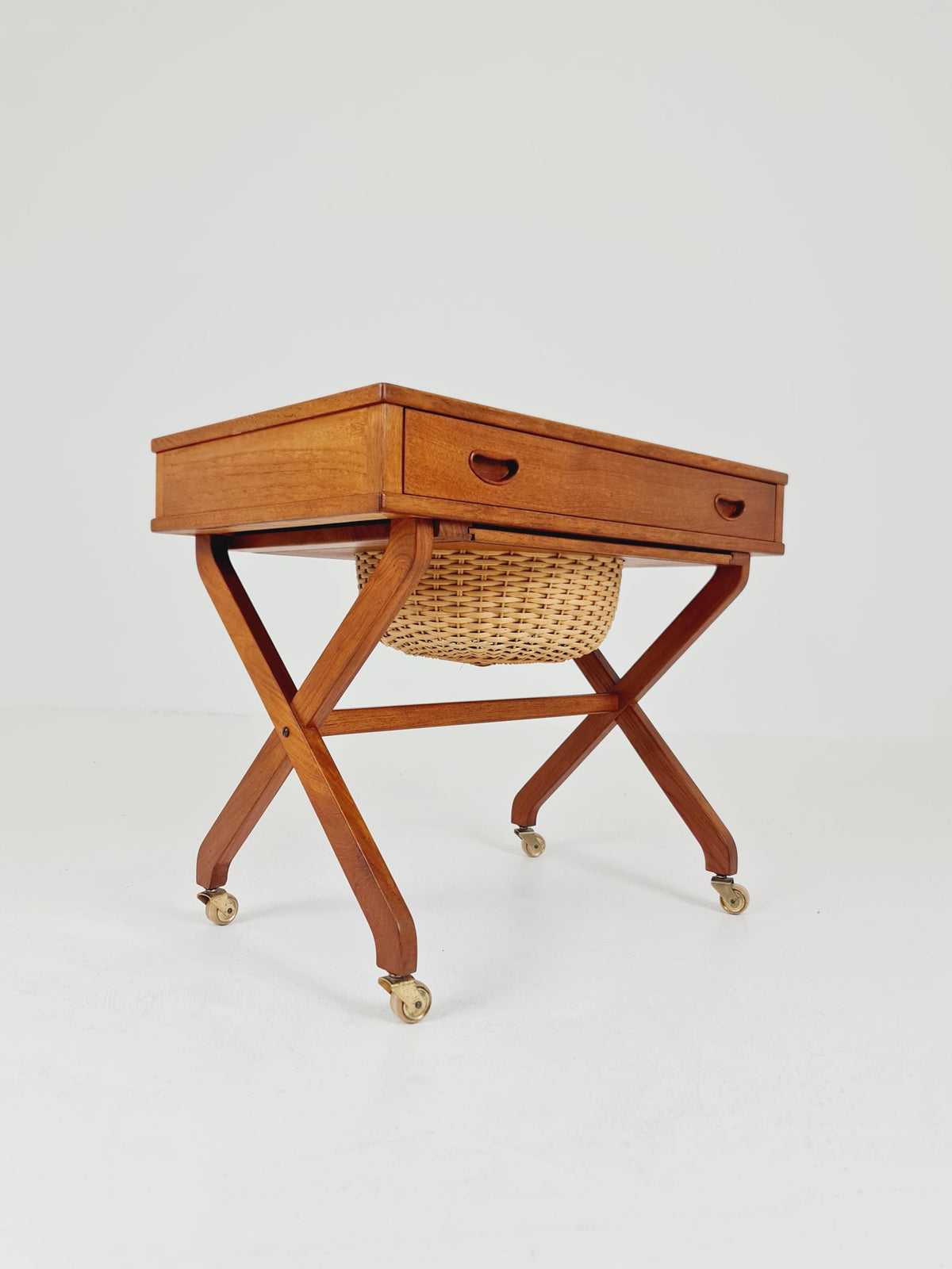 Rare Vintage Danish Teak and rattan sewing table/ side table cabinet , 1960s