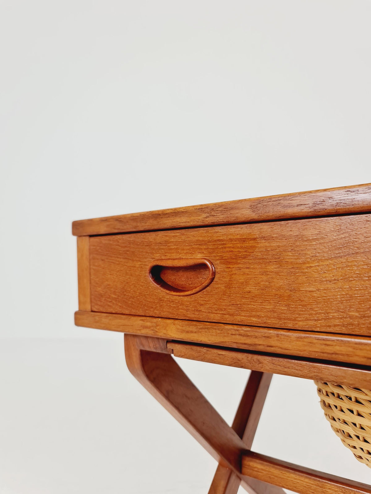 Rare Vintage Danish Teak and rattan sewing table/ side table cabinet , 1960s