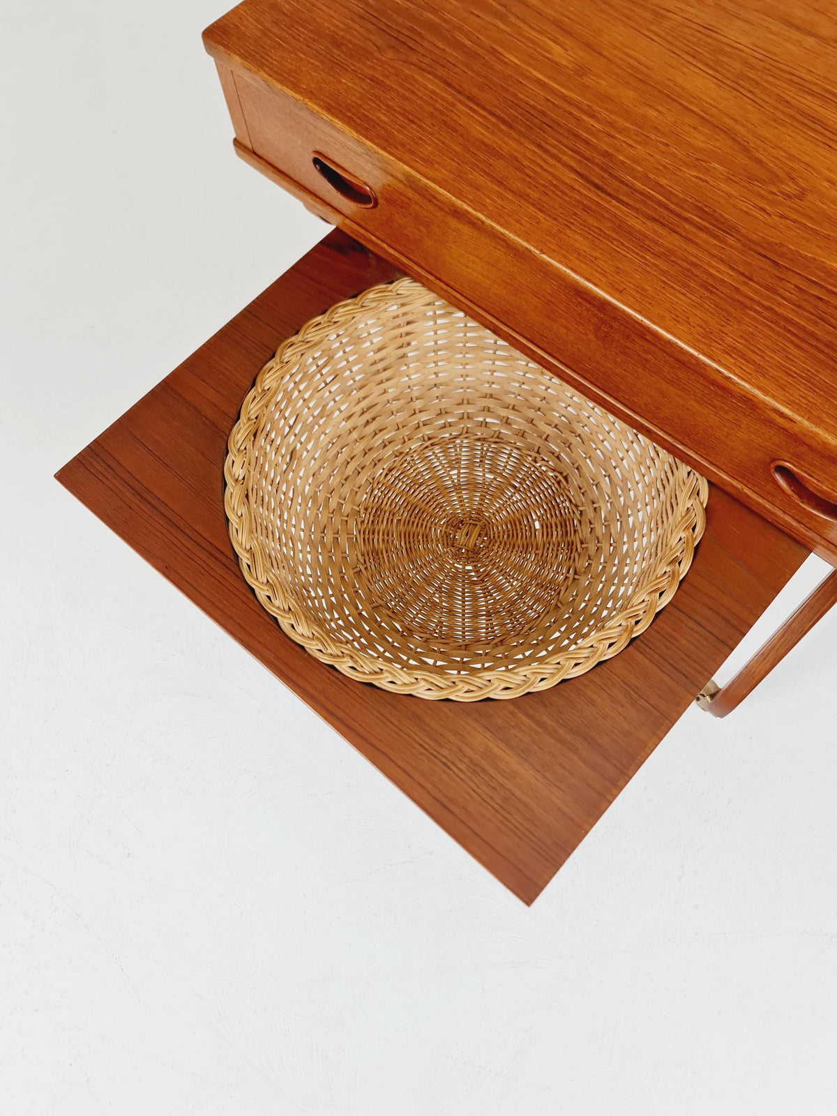 Rare Vintage Danish Teak and rattan sewing table/ side table cabinet , 1960s