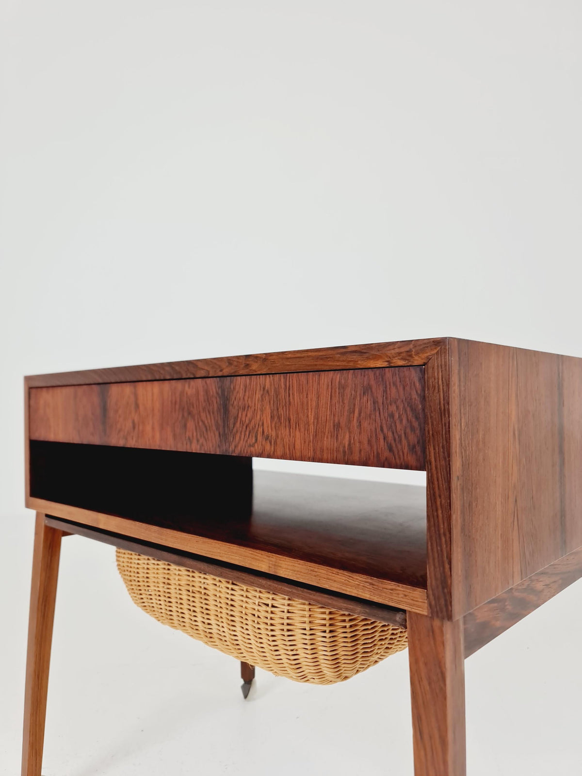 Vintage Danish Rosewood and rattan sewing table/ side table cabinet , 1960s