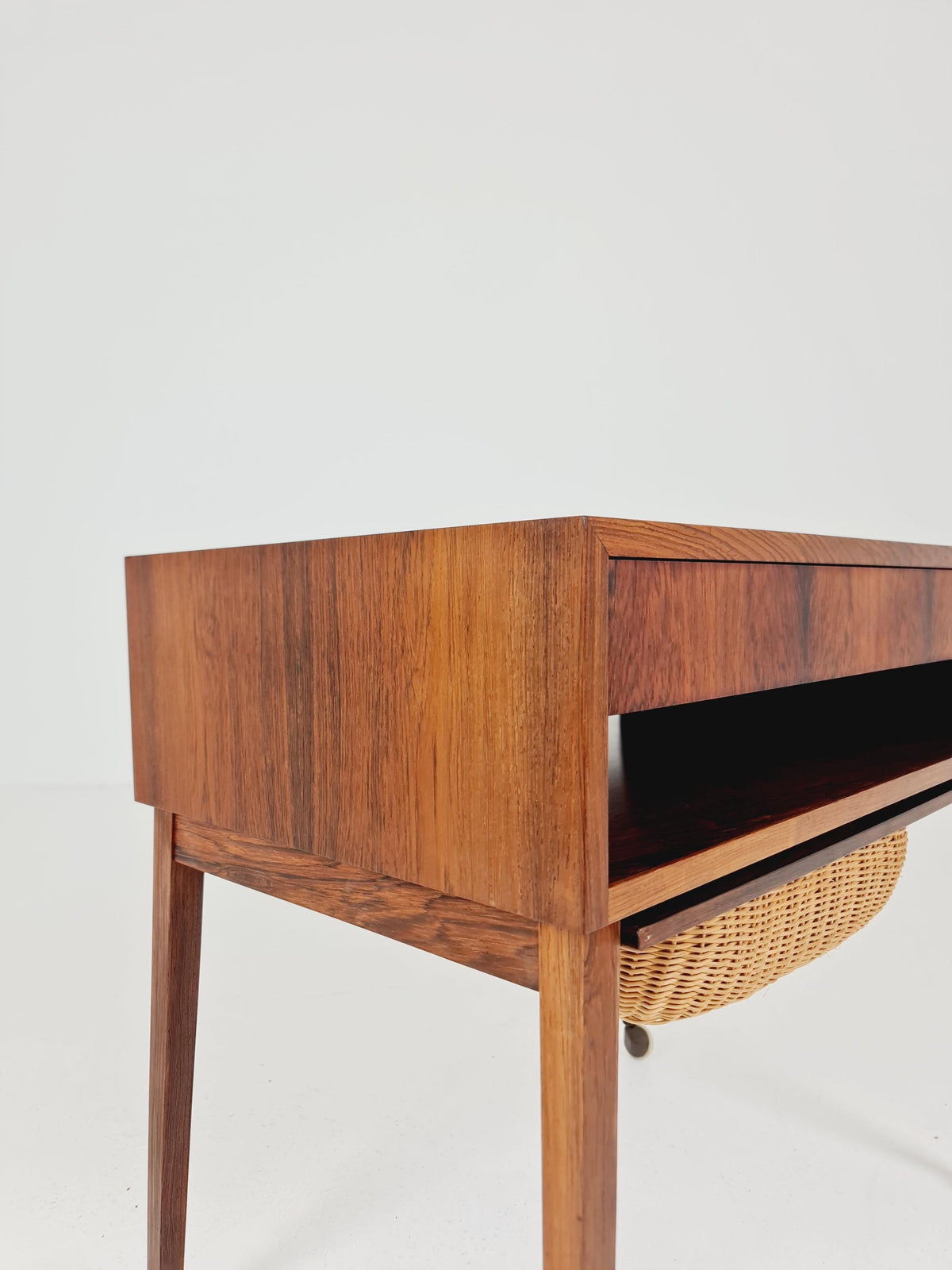 Vintage Danish Rosewood and rattan sewing table/ side table cabinet , 1960s