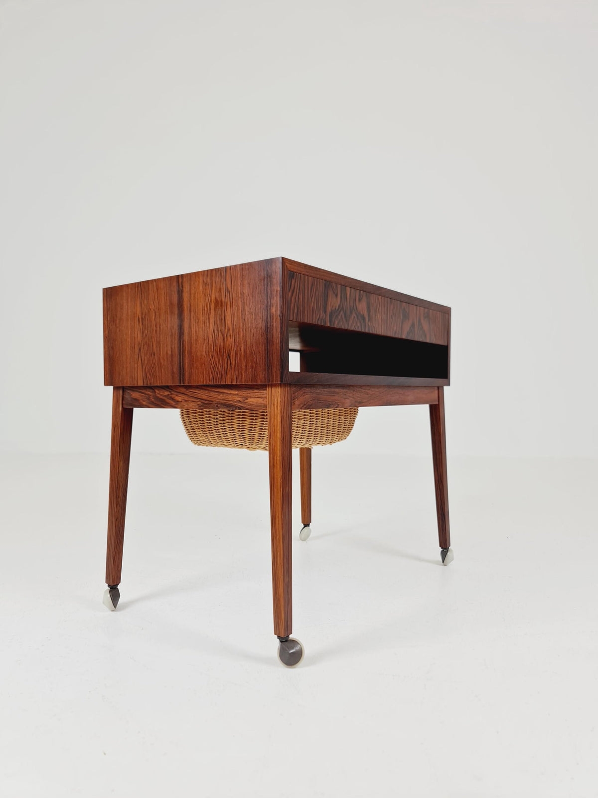 Vintage Danish Rosewood and rattan sewing table/ side table cabinet , 1960s