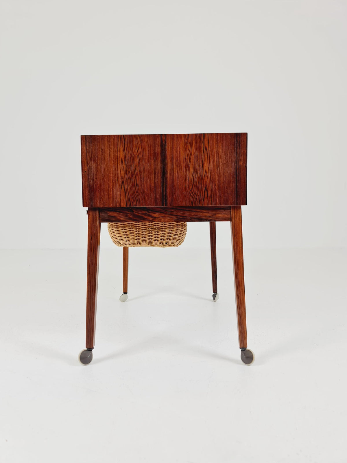 Vintage Danish Rosewood and rattan sewing table/ side table cabinet , 1960s